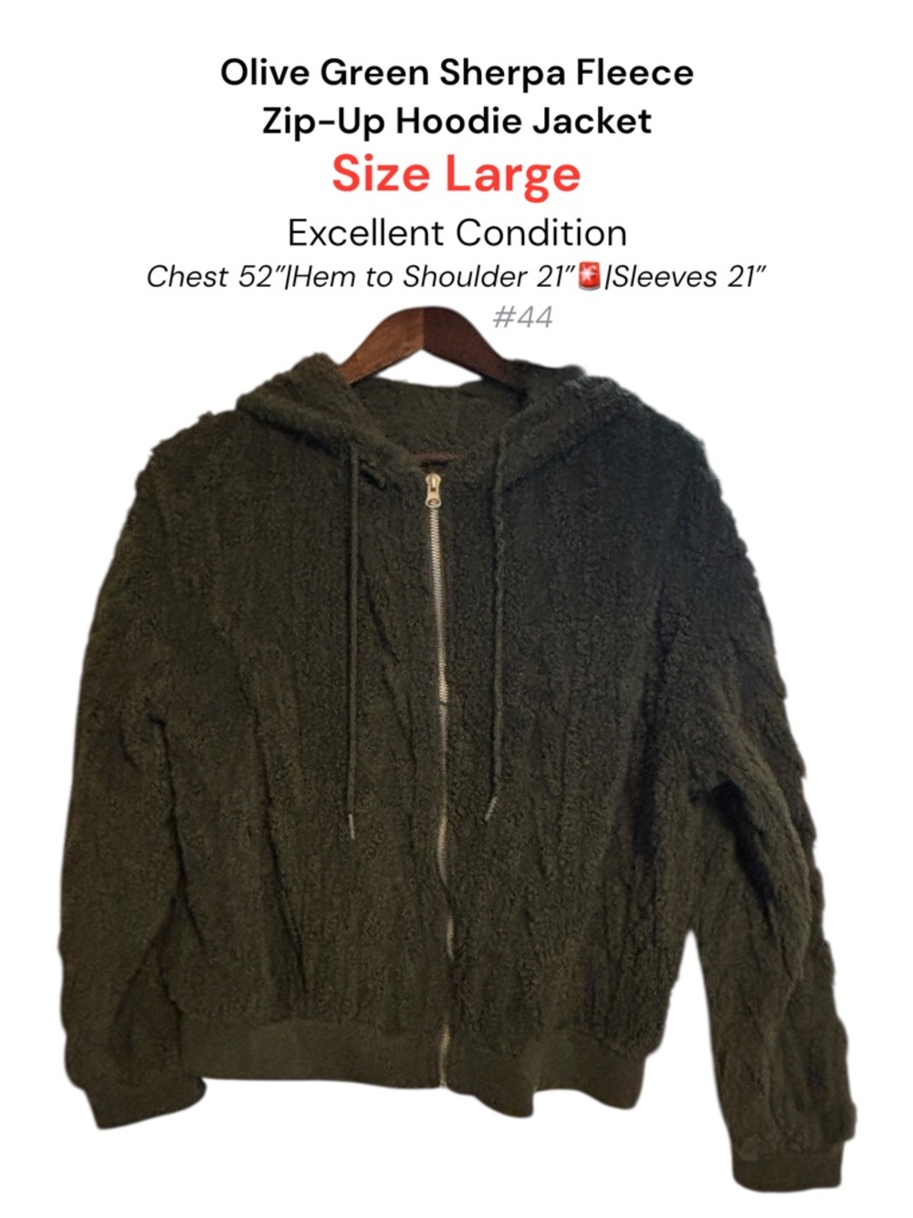 Olive Green Sherpa Fleece Zip Hoodie Jacket Cozy Full Zip Large